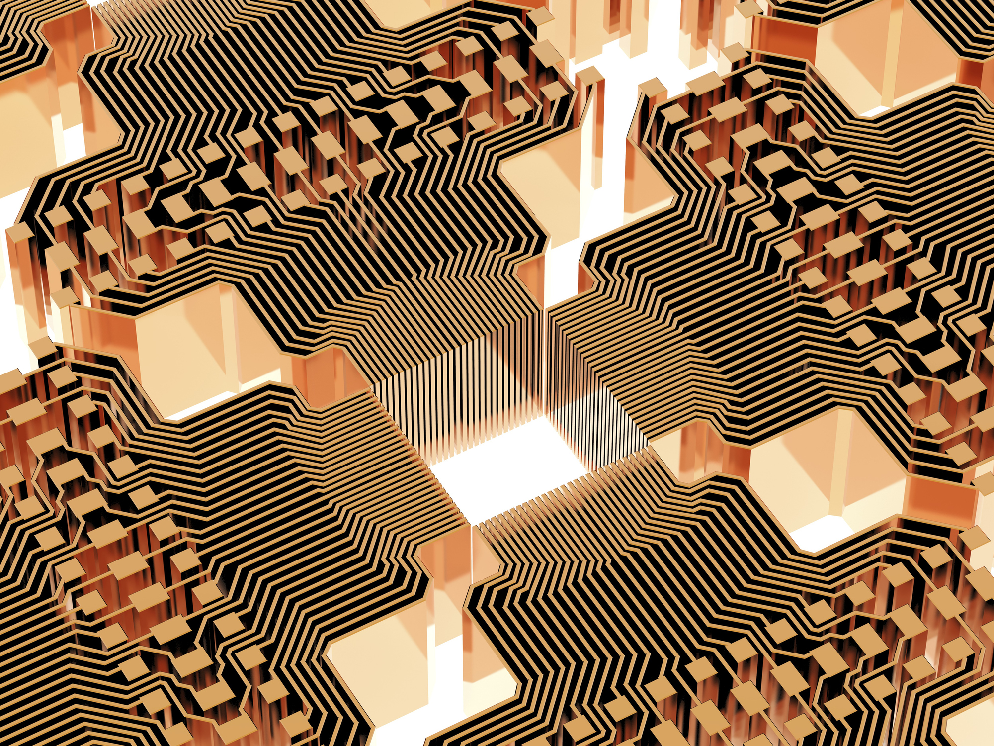 Quantum computer. Conceptual computer artwork of electronic circuitry as part of a quantum computer structure.