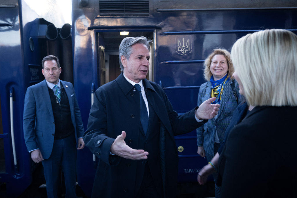 U.S. Secretary of State Antony Blinken is greeted by US Ambassador to Ukraine Bridget A. Brink after arriving by train at Kyiv-Pasazhyrskyi station May 14, 2024, in Kyiv, Ukraine.