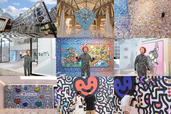 From top: Large-scale art installations created by Mr Doodle on display around City of Dreams, Macau; Mr Doodle’s original exhibition on display at Artelli, the pioneering multi-dimensional art space, featuring 24 collectible artworks; Large-scale interactive art installation – ‘Doodle Love Wall’