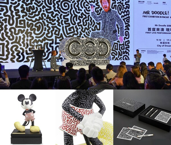 From top: Mr Doodle's first visit to Macao attracts a large audience; The global debut of the Mickey Mouse sculpture (30cm) created by Mr Doodle is now available for purchase at Artelli. Each piece comes with a limited edition Mr Doodle Coloring Box Set