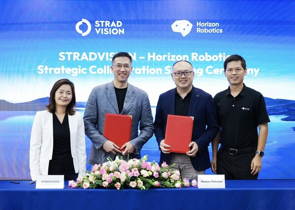 STRADVISION和Horizon Robotics簽署諒解備忘錄儀式
左起:STRADVISION營運長兼美國首席執行官Sunny Lee女士,STRADVISION首席執行官Junhwan Kim博士,Horizon Robotics創始人兼首席執行官Yu Kai博士,Horizon Robotics副總裁兼汽車業務部總裁Yufeng Zhang先生