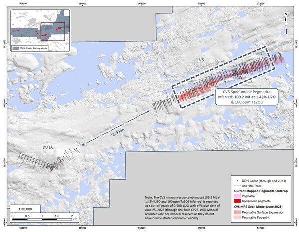 圖 2：CV5 鋰輝石偉晶岩地質模型的橫截面沿著其西部延伸，位於 2023 年 6 月的礦產資源估算報告以外。