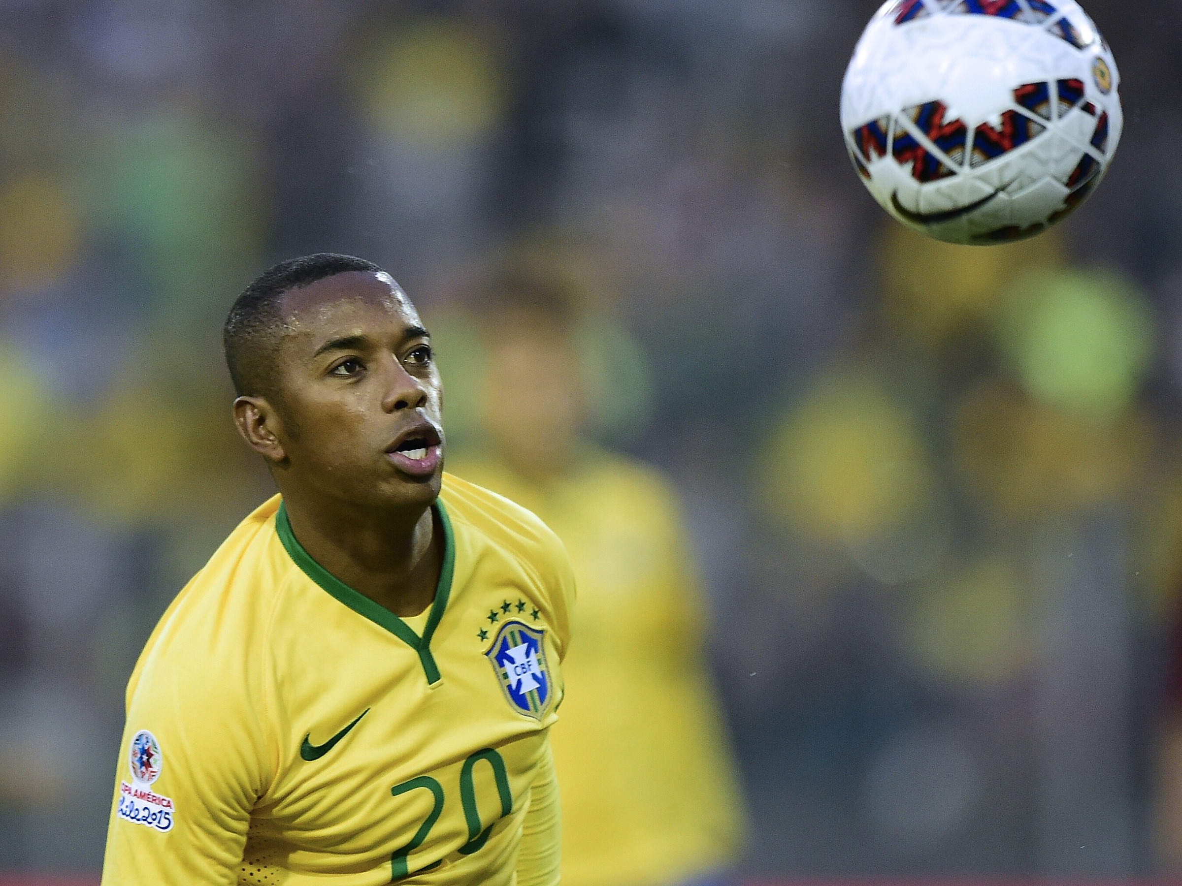 Brazil's forward Robinho eyes the ball during the 2015 Copa America football championship match against Venezuela, in Santiago, on June 21, 2015. AFP PHOTO / LUIS ACOSTA (Photo credit should read LUIS ACOSTA/AFP via Getty Images)