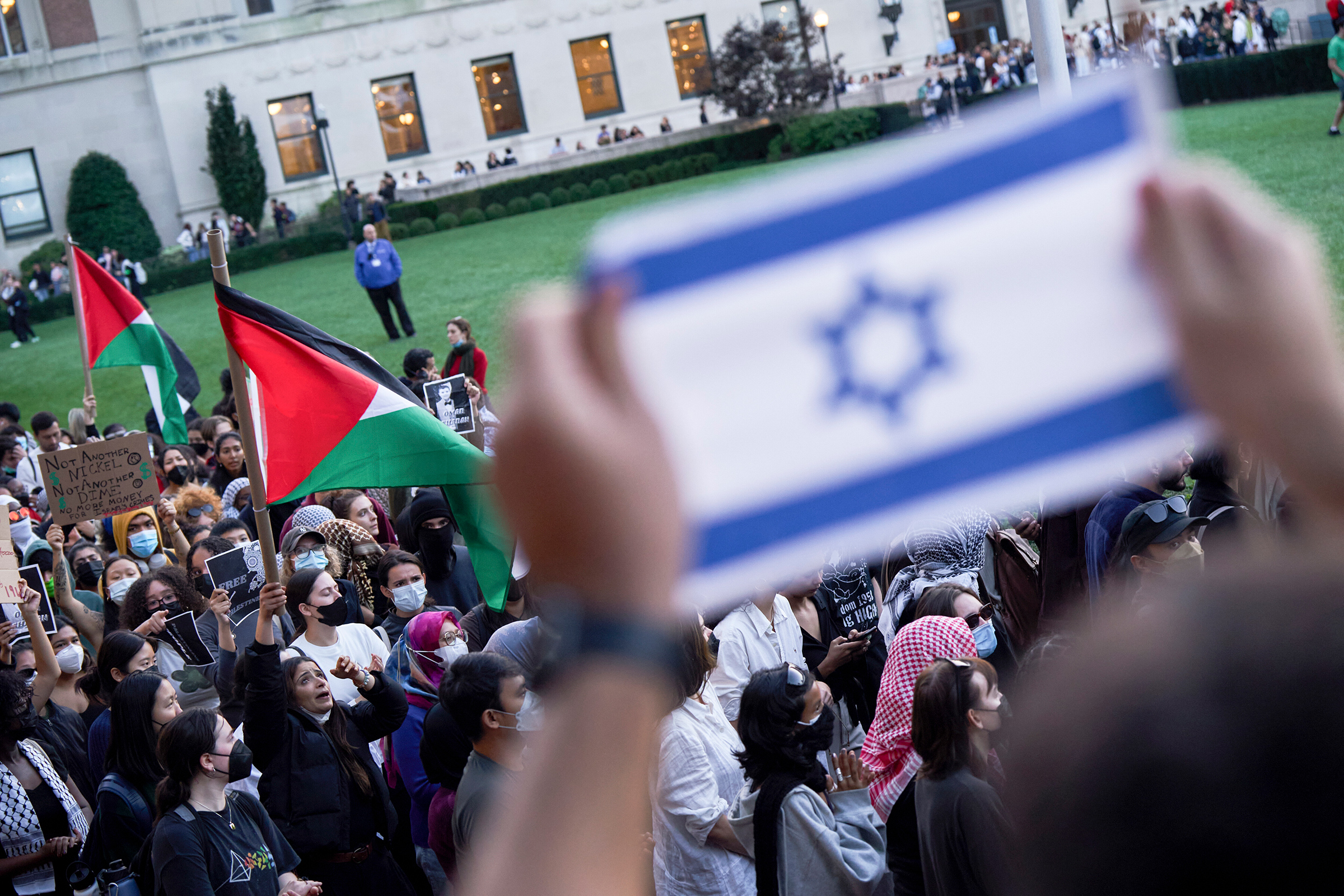 Pro-Palestinian demonstrators and counterprotestors on the Columbia University campus in New York, on Oct. 12, 2023.