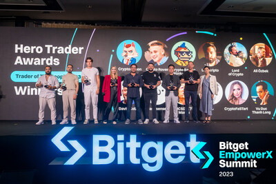 Para pemenang Penghargaan Hero Traders diundang untuk mengklaim hadiah mereka di atas panggung di Bitget EmpowerX Summit.