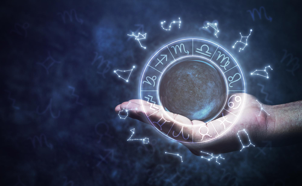 concept astrological zodiac signs inside horoscope circle crystal ball with hand background