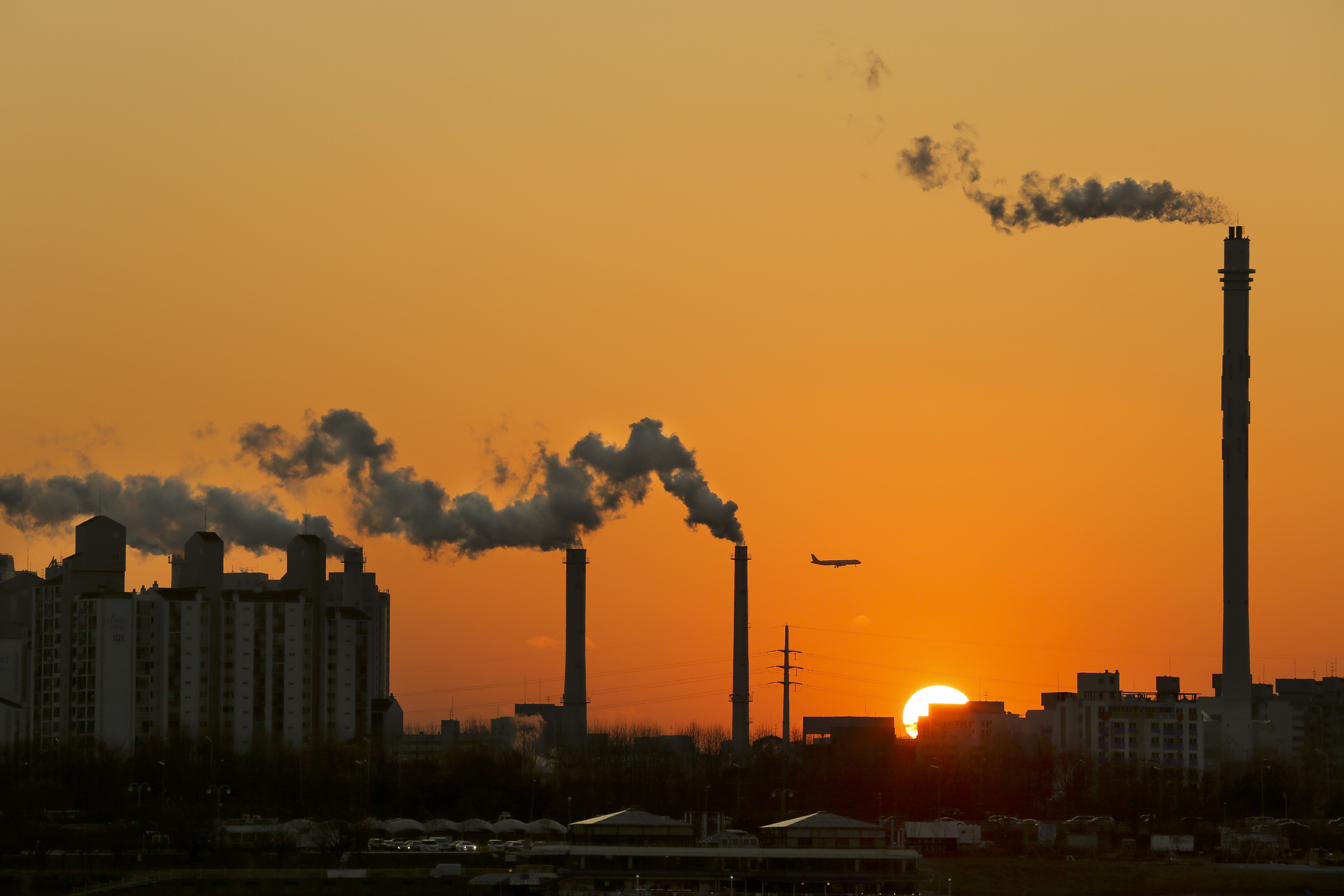 Industrial power plant with smokestack in Seoul, Korea South.