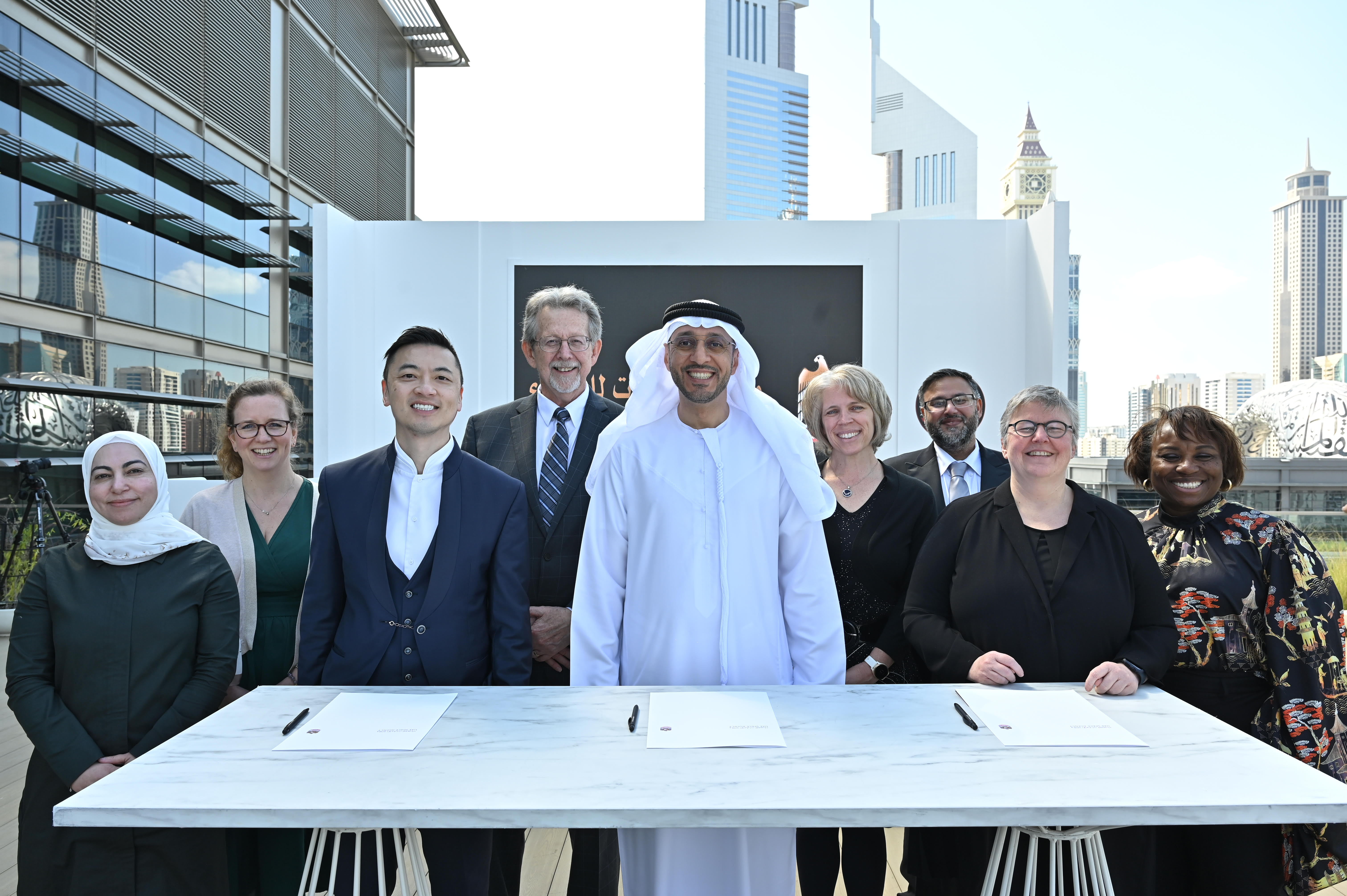 (From left: Dr. Ghada Alsaleh, Sonia Pawelczyk, Danny Yeung, Dr. James L. Green, Ahmed Alfandi, Dr. Tara Ruttley, Wasim Ahmed, Dr. Hilde Stenuit, Dr. Camille Alleyne at the MOU signing ceremony in Dubai, UAE Space Agency)