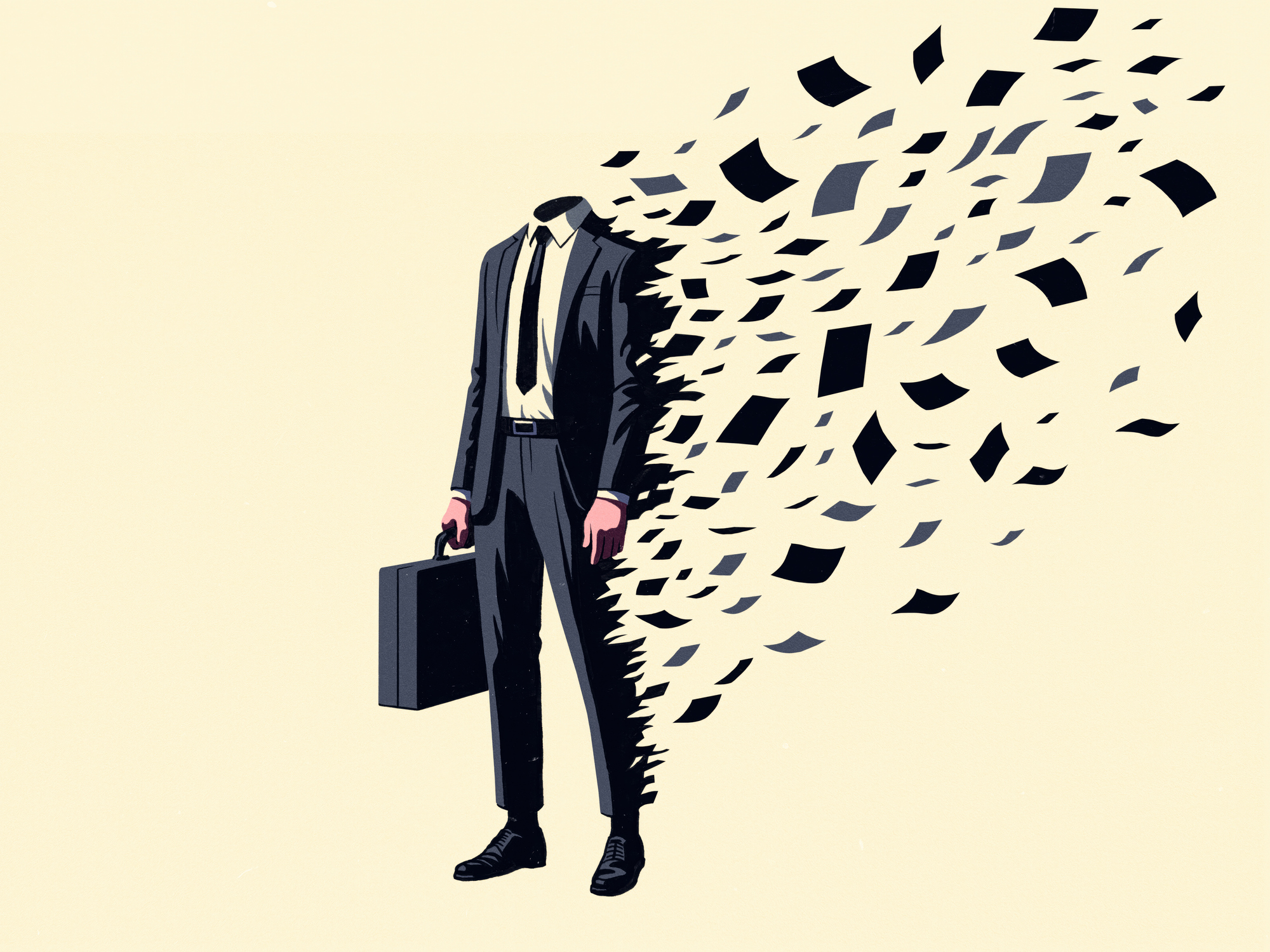 Man in business suit disintegrating into a flurry of papers