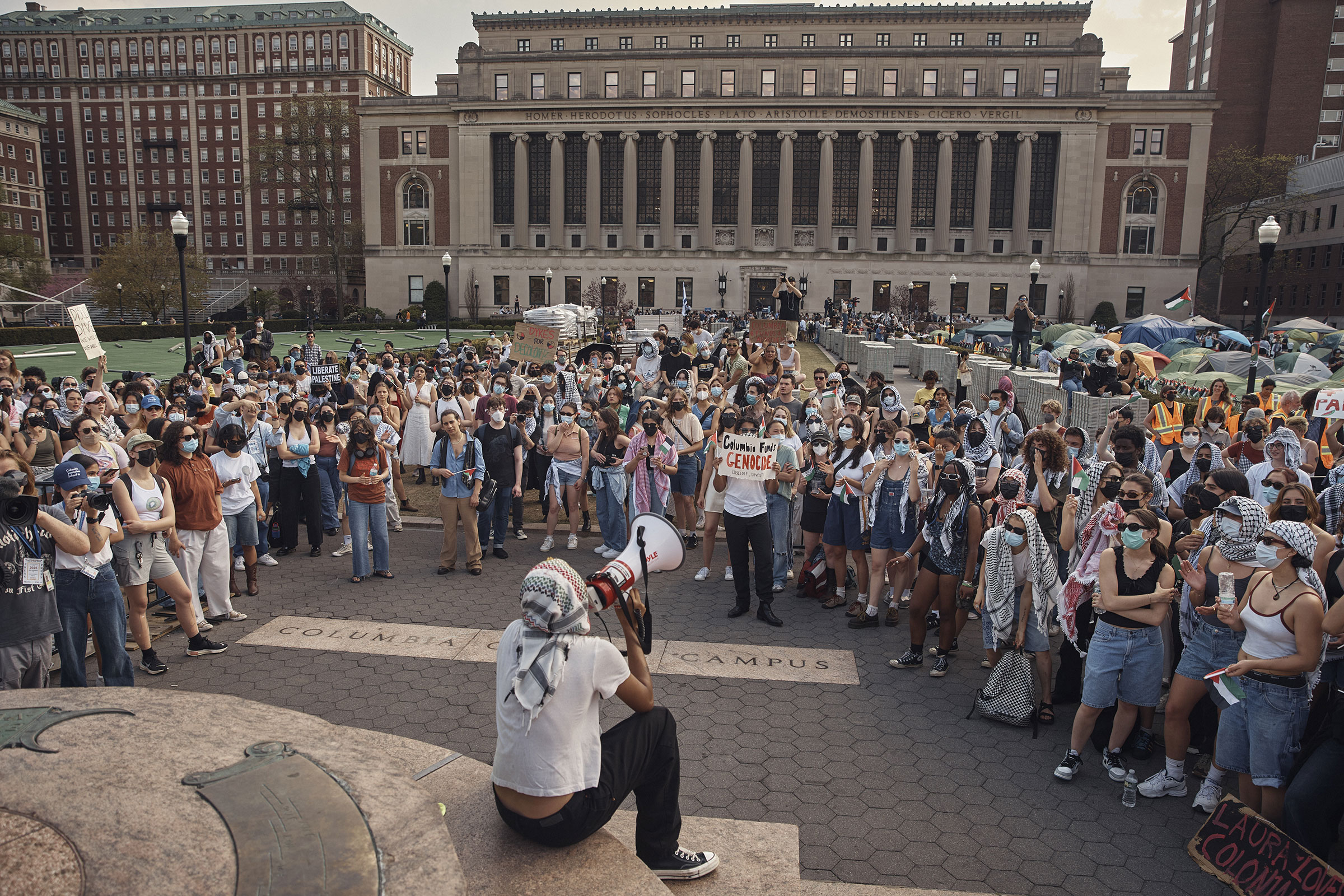 Protestors listen to a speaker during a pro-Palestinian encampment on Columbia University campus in New York City, on April 29.