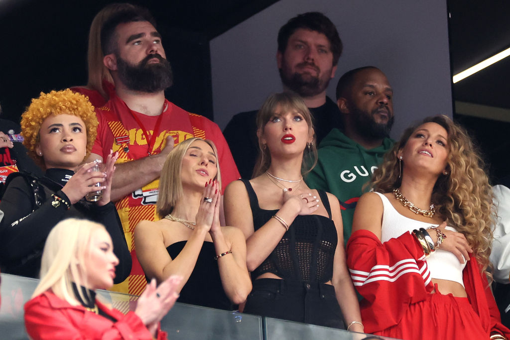 Rapper Ice Spice, NFL player Jason Kelce, singer Taylor Swift, and actress Blake Lively react prior to Super Bowl LVIII between the San Francisco 49ers and Kansas City Chiefs at Allegiant Stadium in Las Vegas on February 11, 2024. 