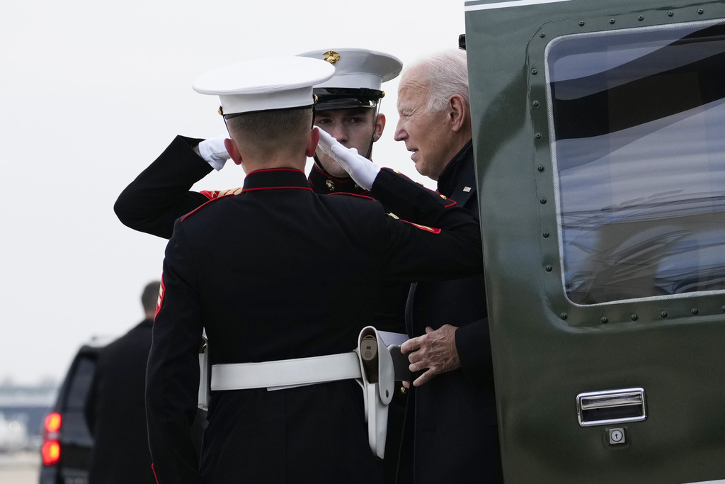 U.S. President Joe Biden arrives on Marine One at Minneapolis–Saint Paul International Airport in St. Paul, Minn., Wednesday, Nov. 1, 2023, after speaking in Northfield, Minn. 
