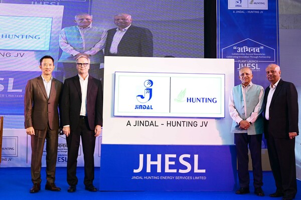 L-R: Mr. Daniel Tan- Managing Director Hunting Energy Services Pte. Ltd (Asia Pacific), Mr. Jim Johnson- CEO Hunting PLC, Mr. PR Jindal- Chairman Jindal SAW Ltd. and Mr. Neeraj Kumar- Group CEO & Whole -Time Director , Jindal SAW Ltd.