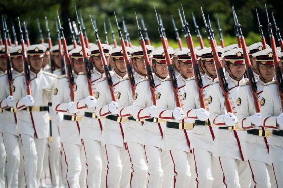 A Japanese Self Defense Forces (SDF) honor guard marches before the inspection by Japan's Prime Minister Shinzo Abe at the Ministry of Defense on Sept. 17, 2019 in Tokyo, Japan.