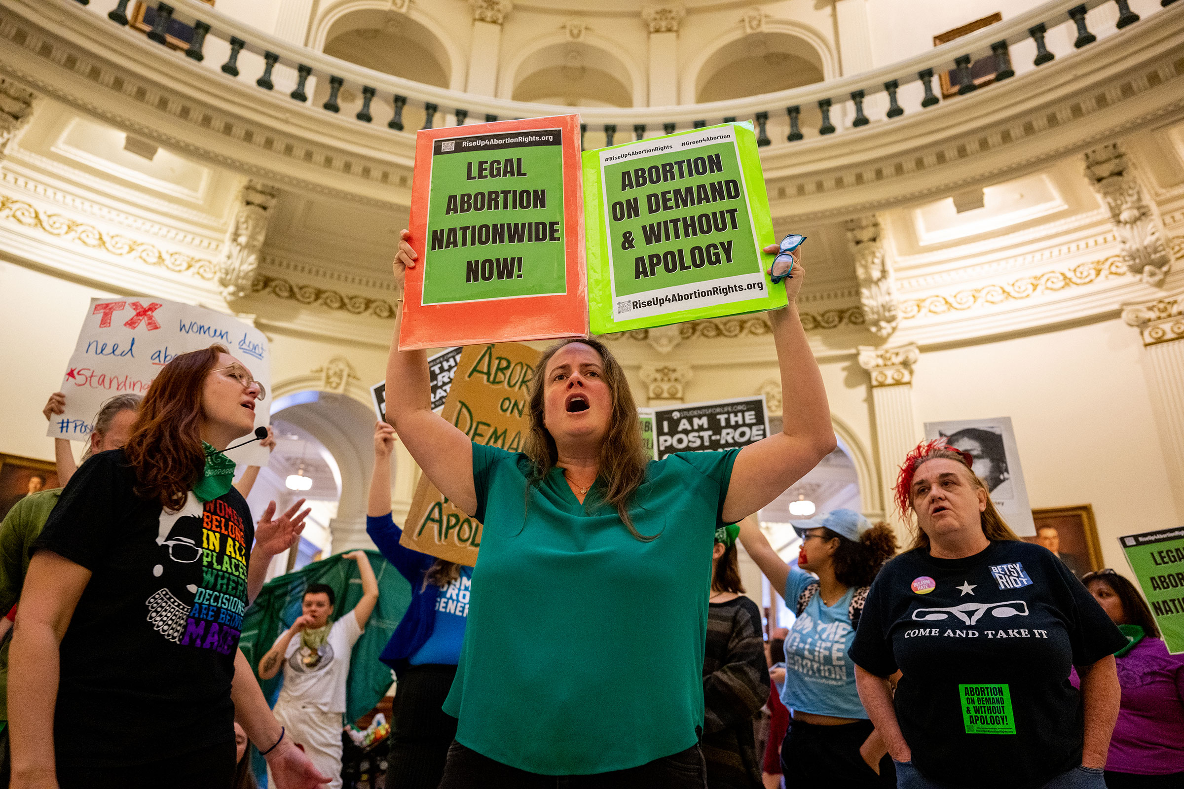 Abortion rights activist Rachel Bailey chants during an International Women's Day abortion rights demonstration at the Texas State Capitol in Austin on March 8, 2023.