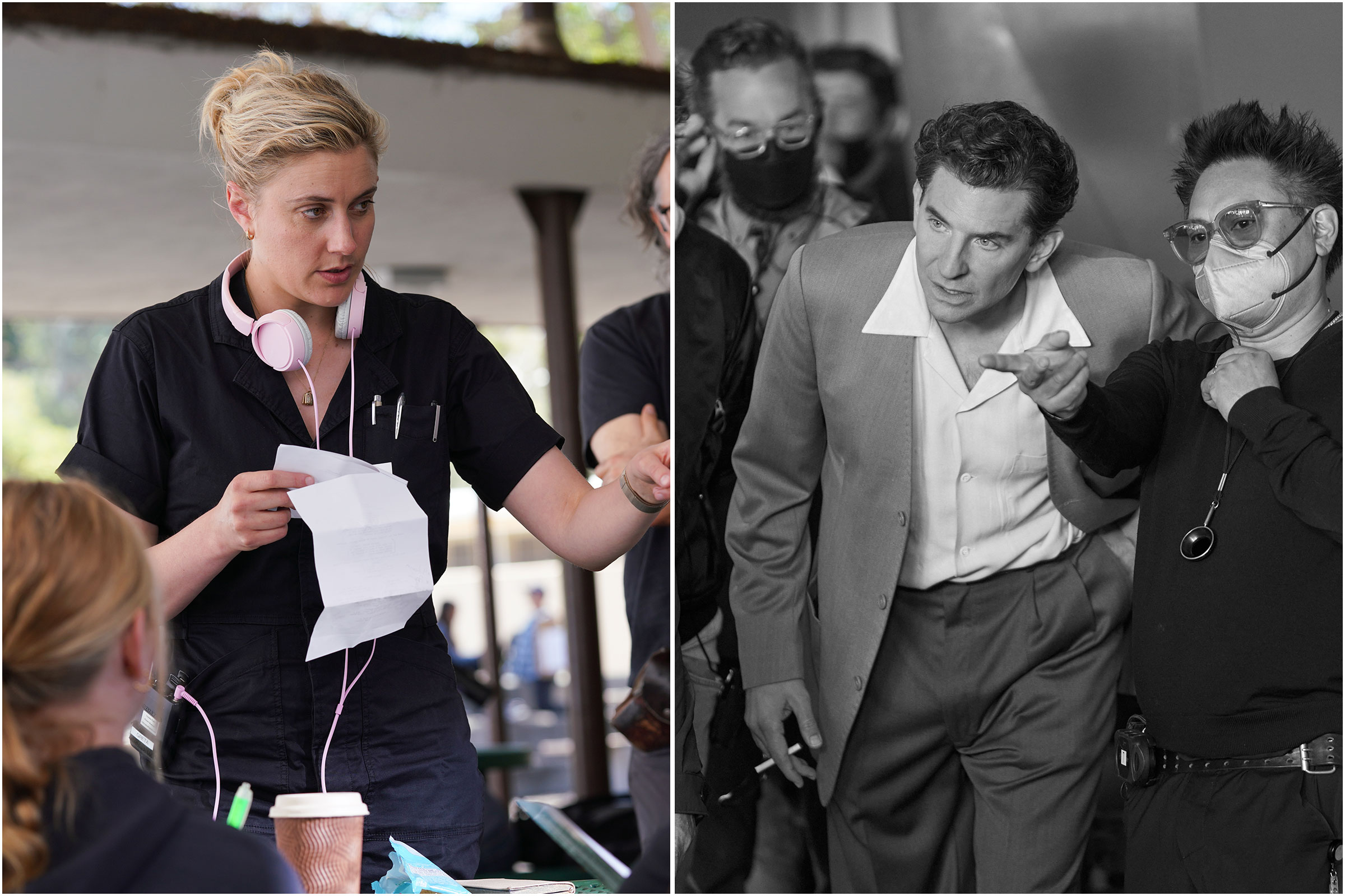 Greta Gerwig on the set of Barbie and Bradley Cooper on the set of Maestro