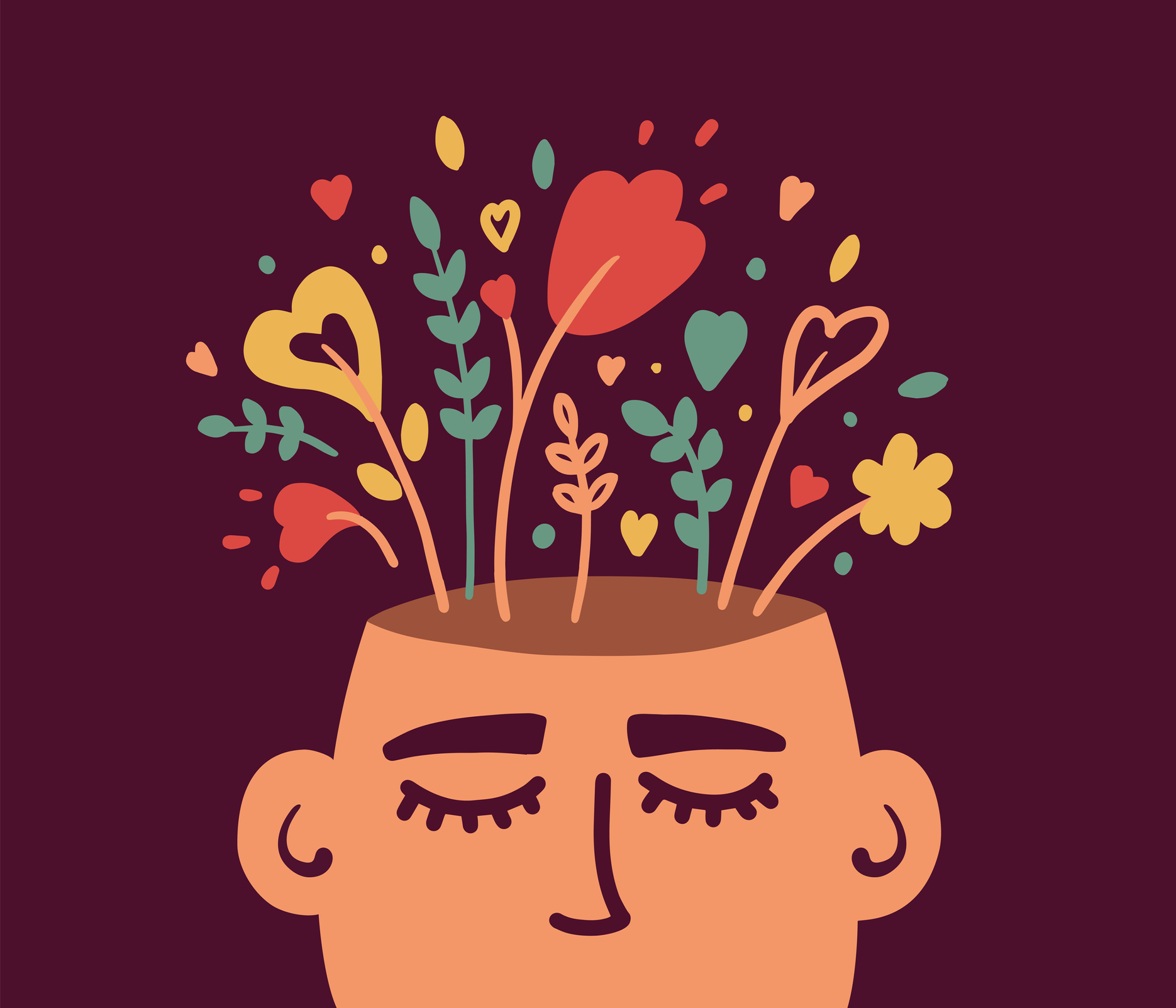 心理學或心靈健康概念，帶有開花的人類頭部