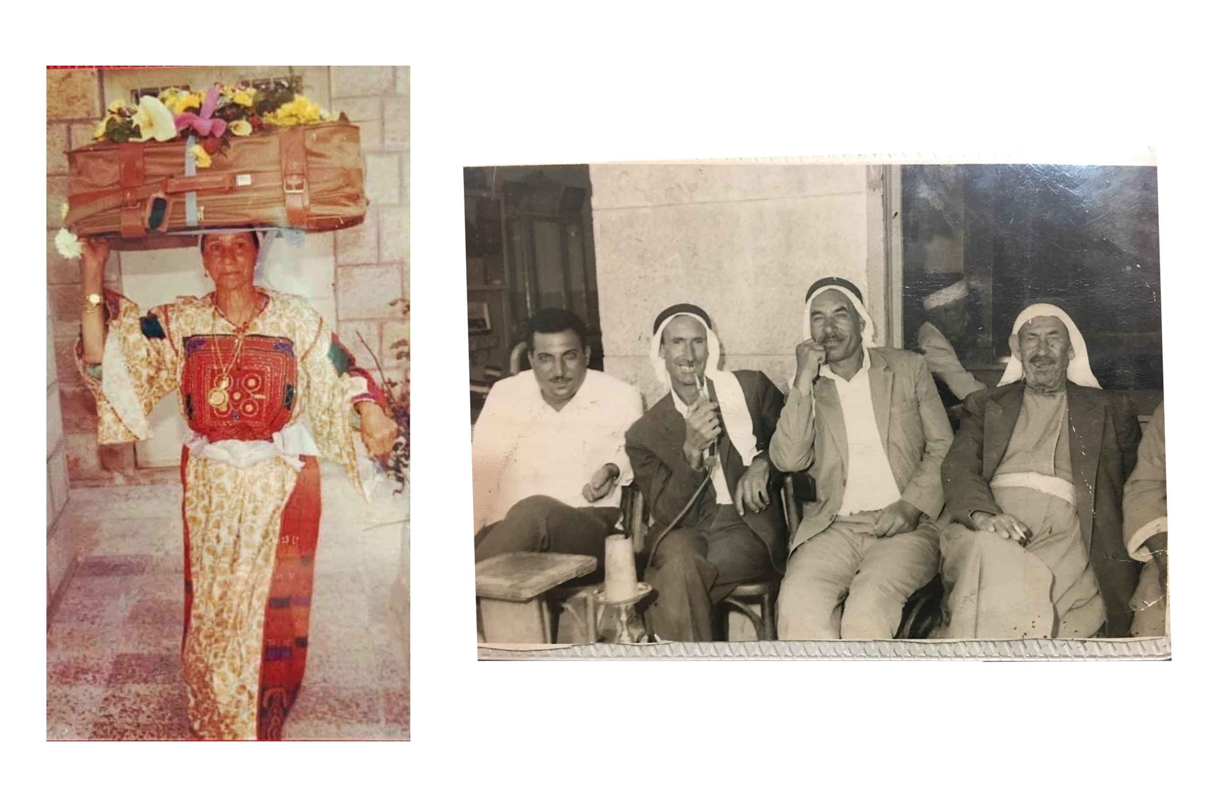 Left: Razan Ghabin’s grandmother, Othmana As’ad, wearing a traditional Liftawi thobe celebrating the wedding of one of her children in Ramallah, Palestine years after the Nakba; Right: Ghabin's great-grandparents and relatives outside a Lifta coffee shop years before the Nakba, where they would eventually be attacked and forcibly removed.