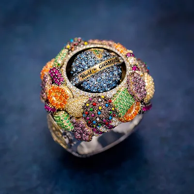 Custom Icebox championship ring with candy-shaped gems