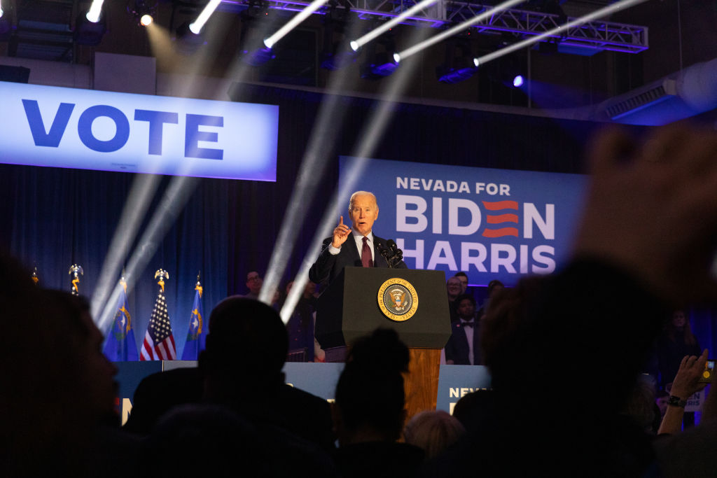 NORTH LAS VEGAS, NEV - FEBRUARY 4: President Joe Biden speaks d