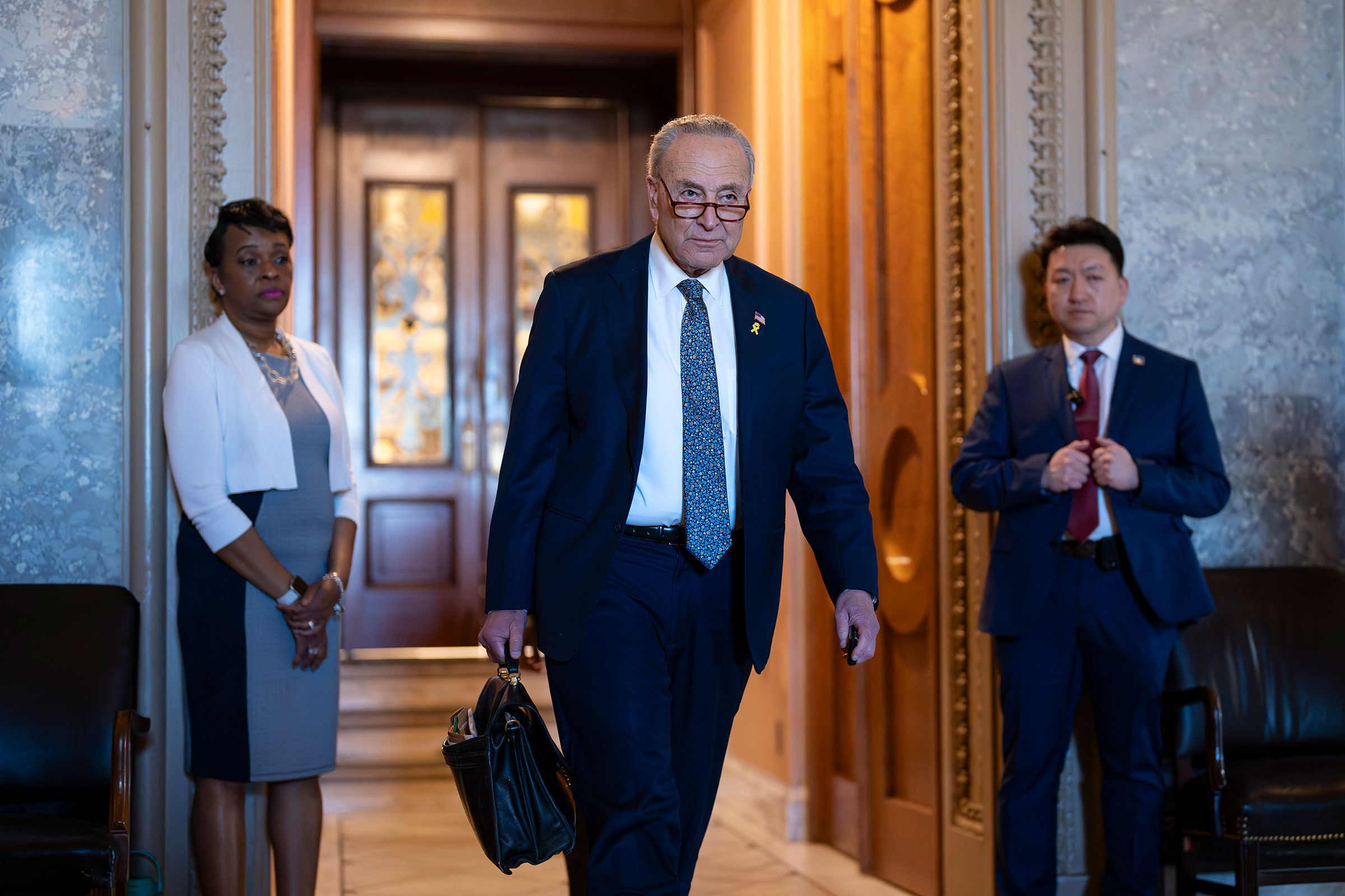 Senate Majority Leader Chuck Schumer departs after saying he believes Israeli Prime Minister Benjamin Netanyahu has 