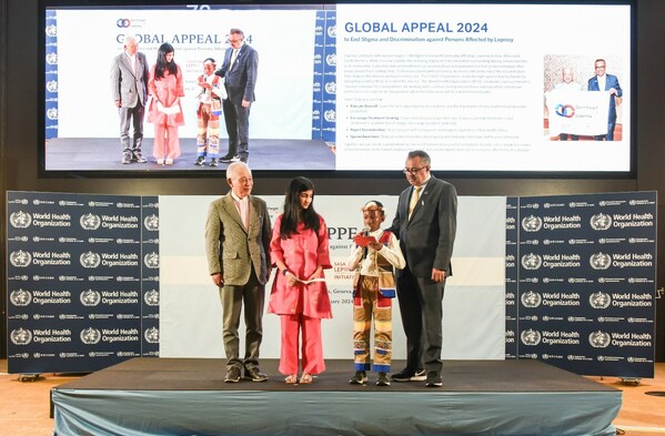 Dr. Tedros Adhanom Ghebreyesus (right), the WHO Director-General, and Yohei Sasakawa (left), the WHO Goodwill Ambassador for Leprosy Elimination and Chairman of The Nippon Foundation, look on during the reading of the 2024 Global Appeal.