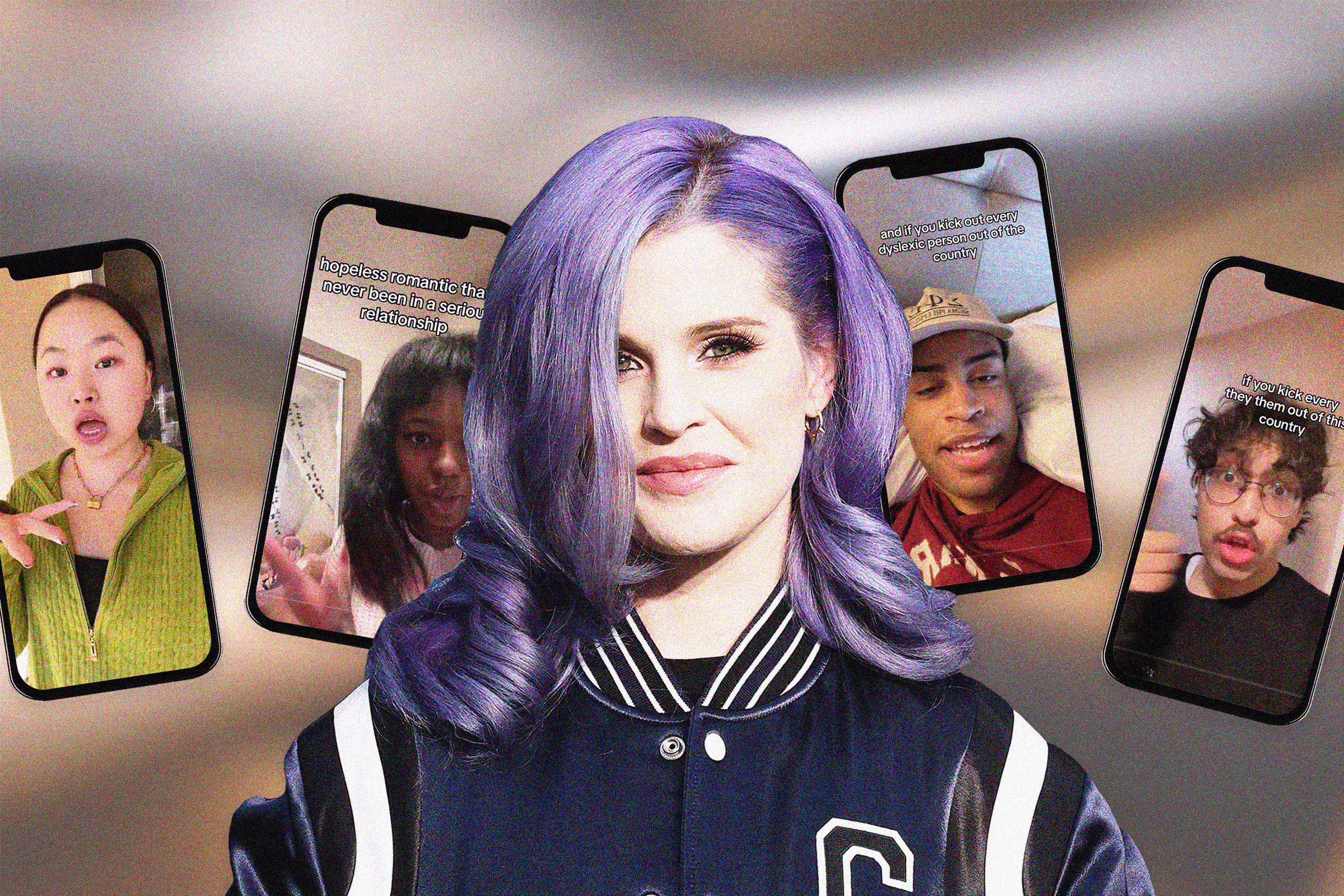 A photo illustration depicting Kelly Osbourne with phones behind her showing different TikTok videos