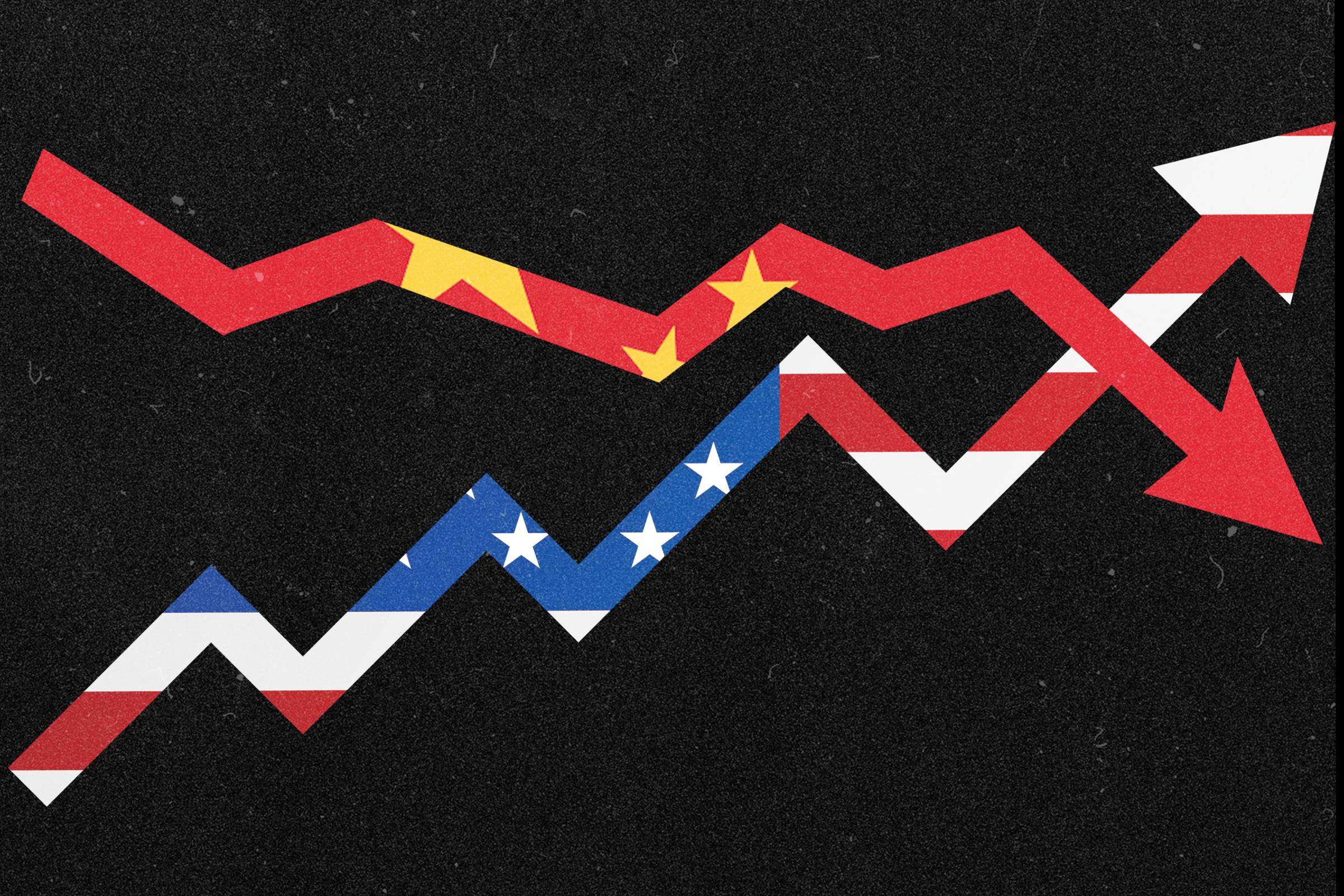 Isang graph arrow pababa na may bandila ng China sa loob at isang graph arrow pataas na may bandila ng Amerika sa loob