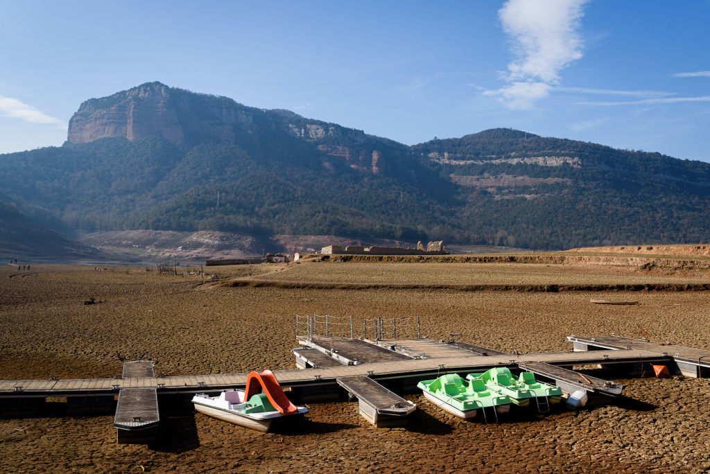 Pedal boats are seen on the dry soil at the Sau water reservoir. Catalonia declared a state of emergency on Feb. 1, as water reservoir levels dropped below 16% of total capacity. 