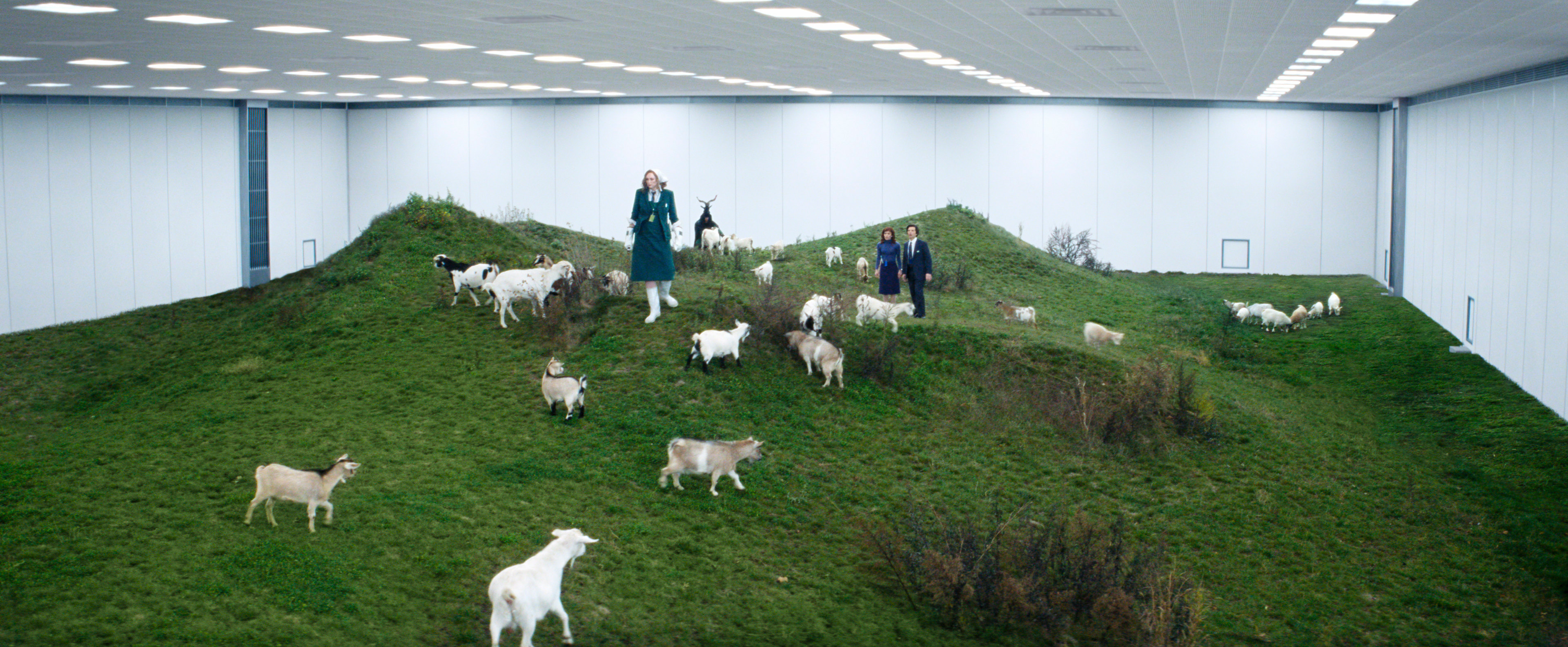 Gwendoline Christie, Britt Lower, and Adam Scott with goats in Severance
