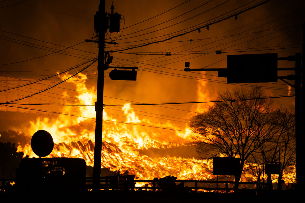 A view of wildfire spreading across the city as the fire continues to spread to the other cities due to strong winds in Andong, South Korea, on March 25, 2025.