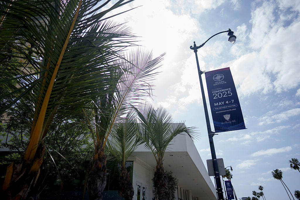 Signage outside the Beverly Hilton hotel in Beverly Hills