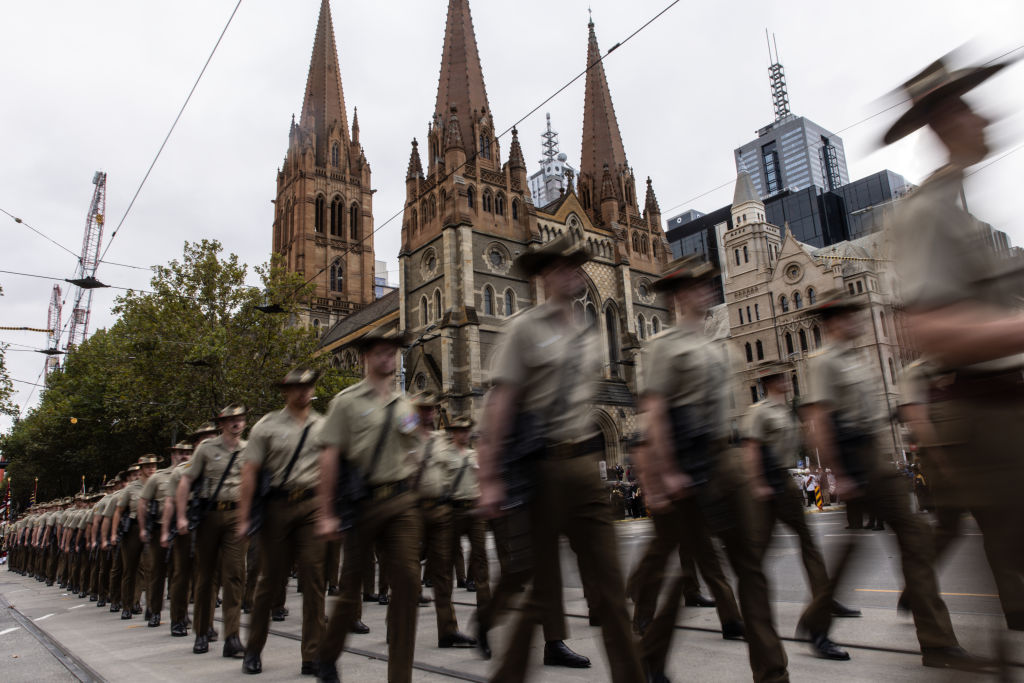 Australian Defense Force personnel participate in the Anzac Day march on April 25, 2024, in Melbourne, Australia. 