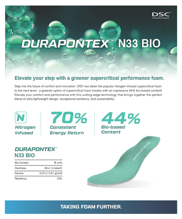 Dahsheng Chemical leads eco innovation with DURAPONTEX N33 Bio, which utilizes bio-based materials to create a sustainable insole, built for lightweight performance.