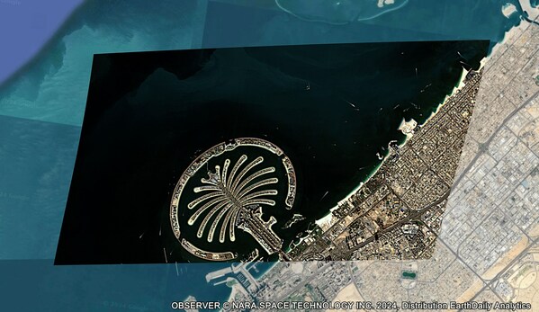 Unang imahe ng Nara Space sa resolusyon na 1.5m, pinroseso ng EarthPipeline ng EarthDaily Analytics. Larawan ng Palm Jumeirah island sa Dubai, UAE.