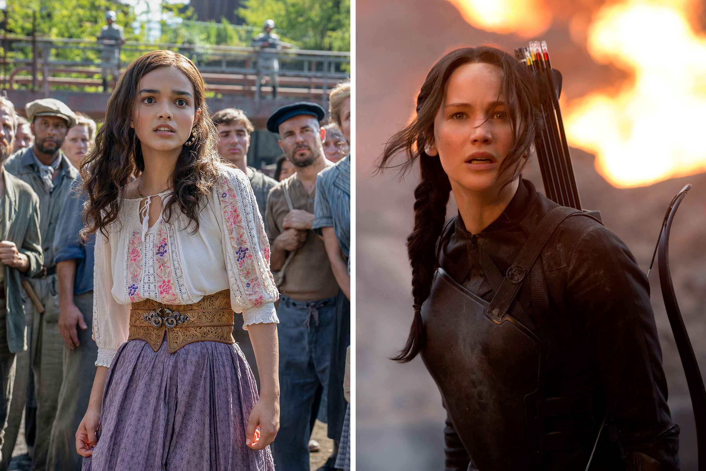 Rachel Zegler as Lucy Gray Baird in The Hunger Games: The Ballad of Songbirds and Snakes; Jennifer Lawrence as Katniss Everdeen in The Hunger Games: Mockingjay Part I