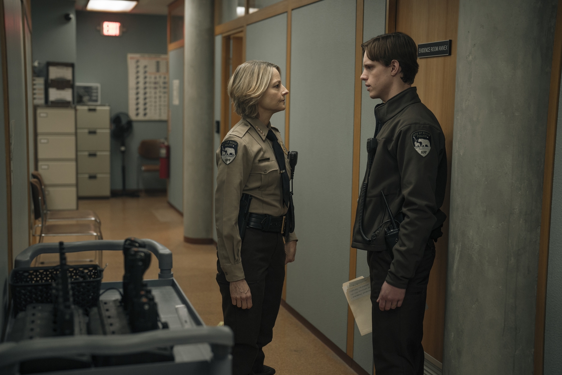 Jodie Foster as Liz Danvers and Finn Bennet as Pete Prior in episode 5 of 'True Detective: Night Country'
