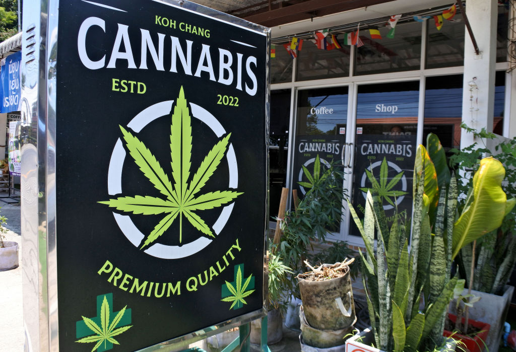 在泰国科钦岛,自从泰国在2022年将大麻非刑事化用于医疗和个人使用后,几家大麻商店已经开张。