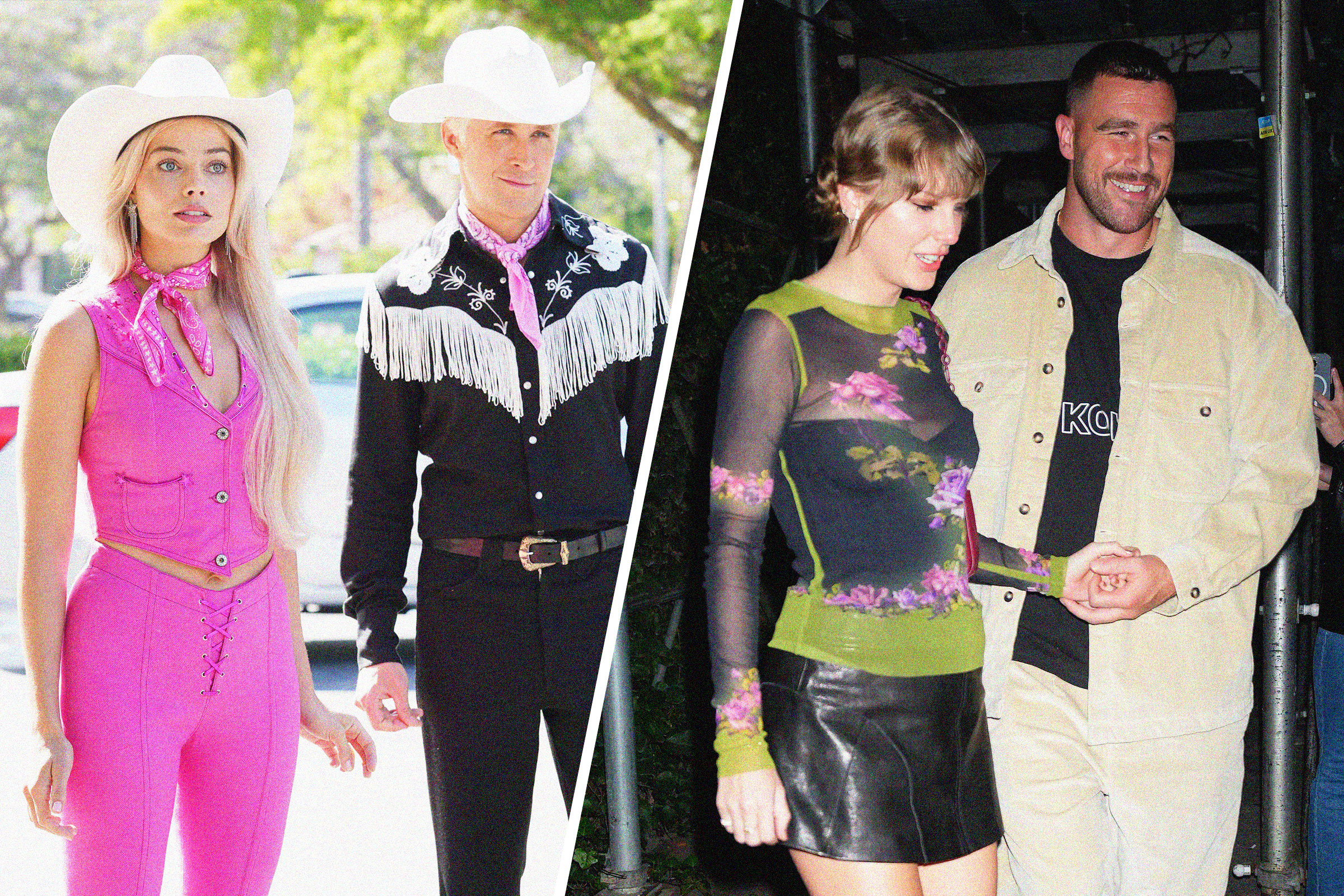 Margot Robbie and Ryan Gosling in Barbie; Taylor Swift and Travis Kelce