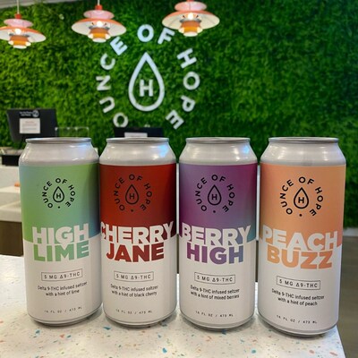 Lineup of all four of Ounce of Hope's line of 5mg THC seltzers. From left to right: High Lime, Cherry Jane, Berry High, Peach Buzz.