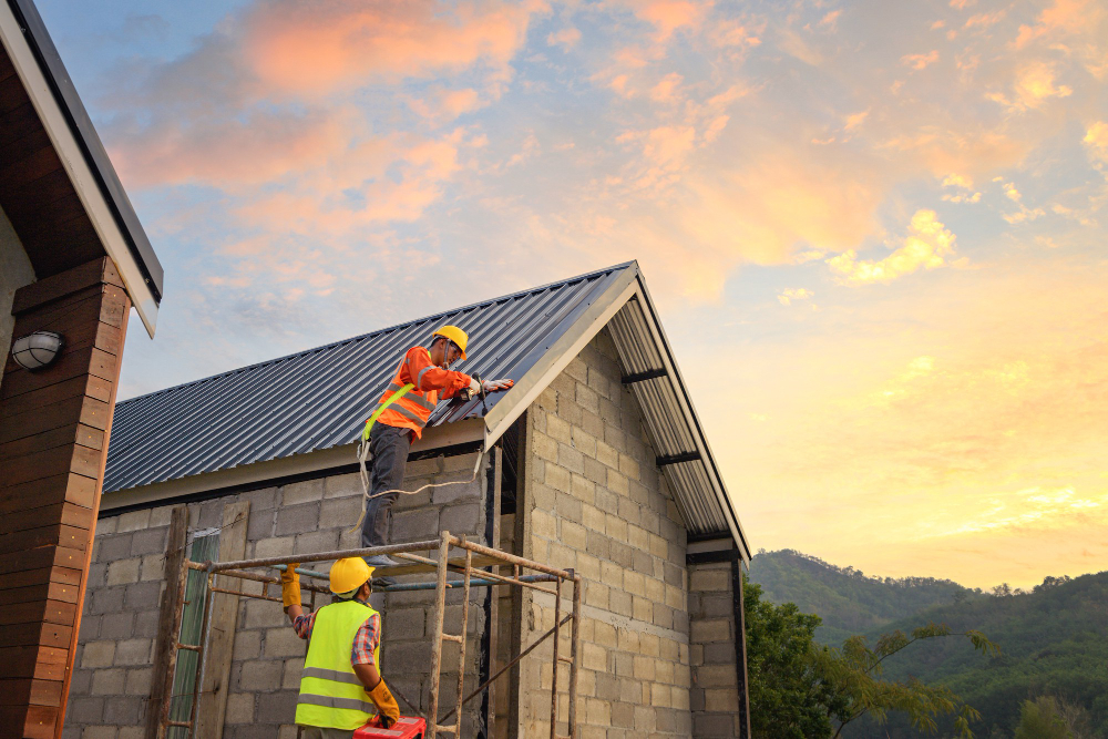 roofer working roof structure building construction site