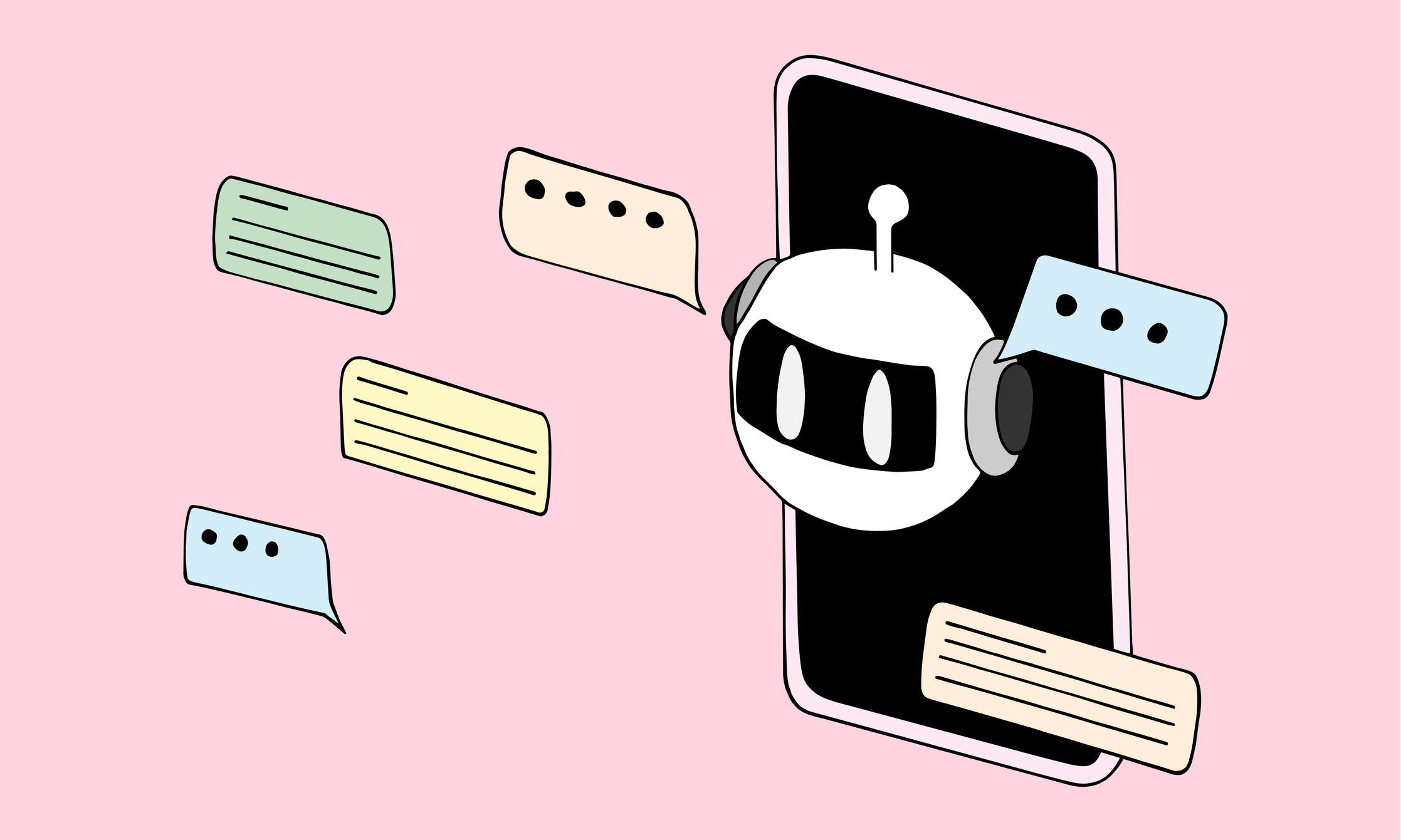 Chatbot กําลังมองออกจากหน้าจอสมาร์ทโฟน มีคําพูดลอยมาอยู่รอบตัว พื้นหลังสีชมพู