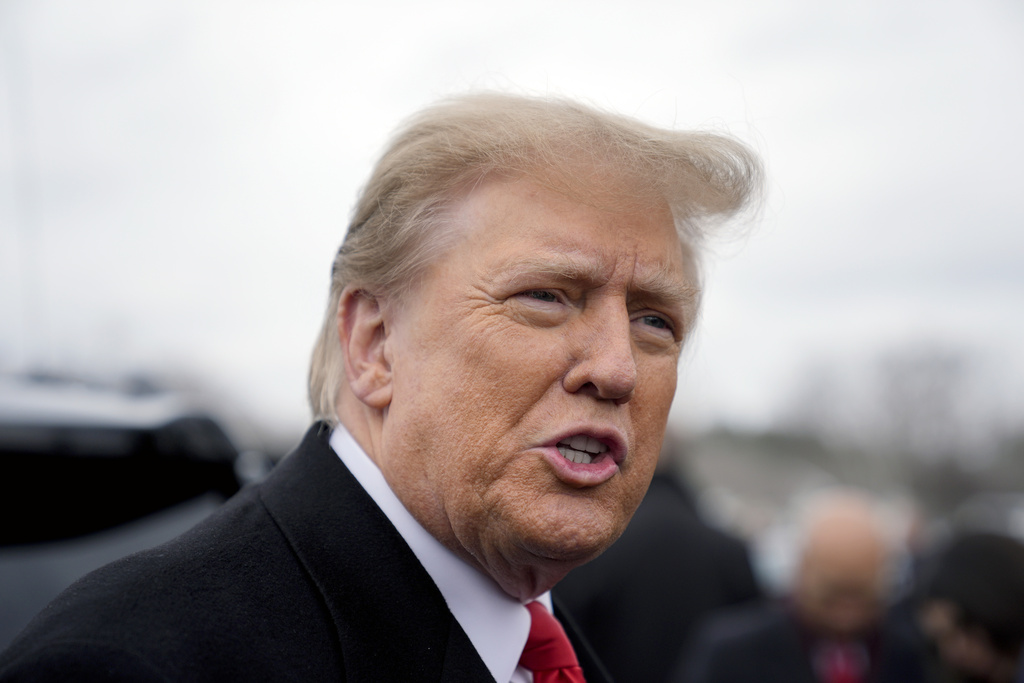 Republican presidential candidate former President Donald Trump addresses members of the press during a campaign stop in Londonderry, N.H., Tuesday, Jan. 23, 2024. 