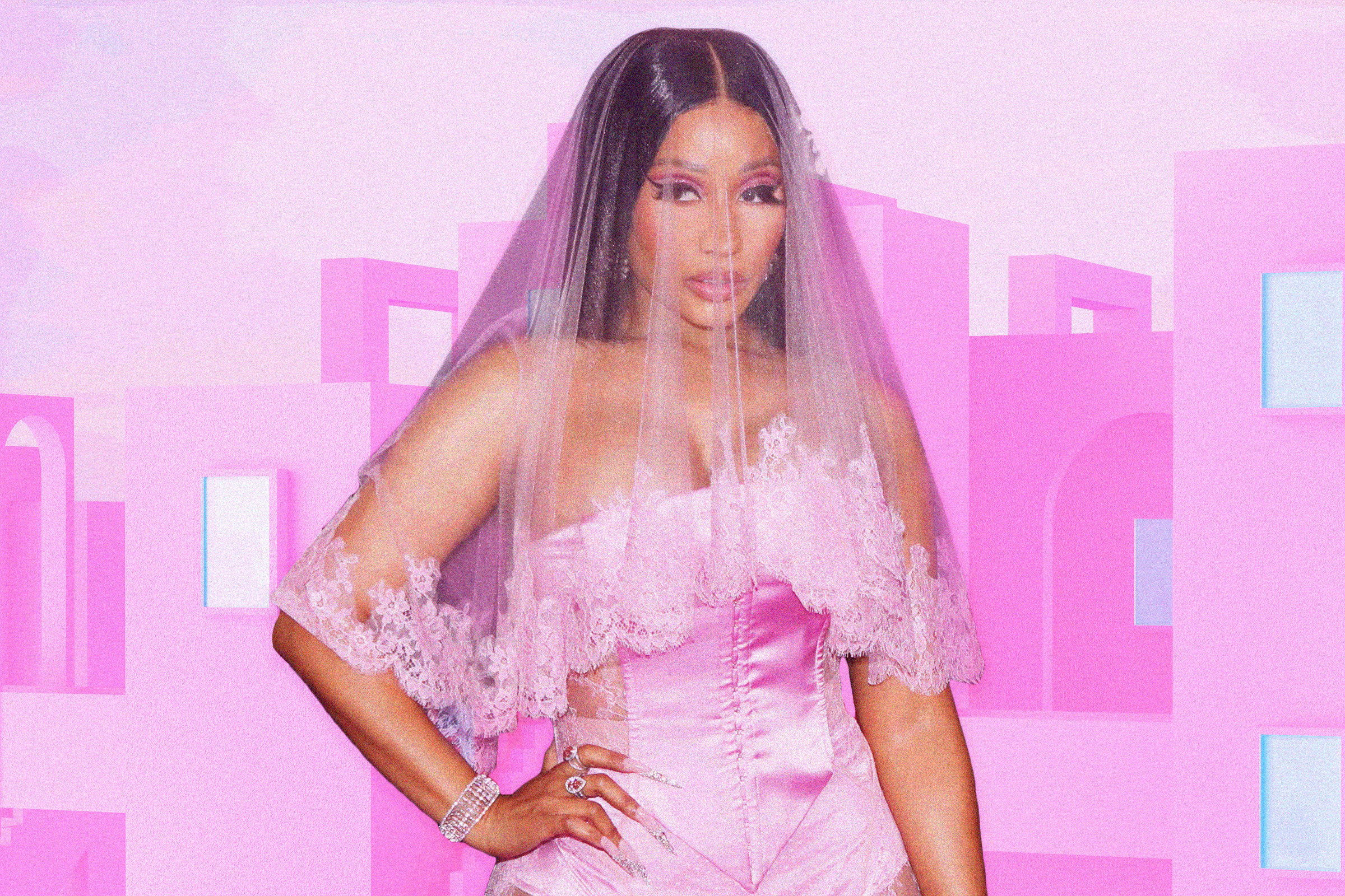 A photo-illustration of Nicki Minaj in a pink outfit in front of a pink city