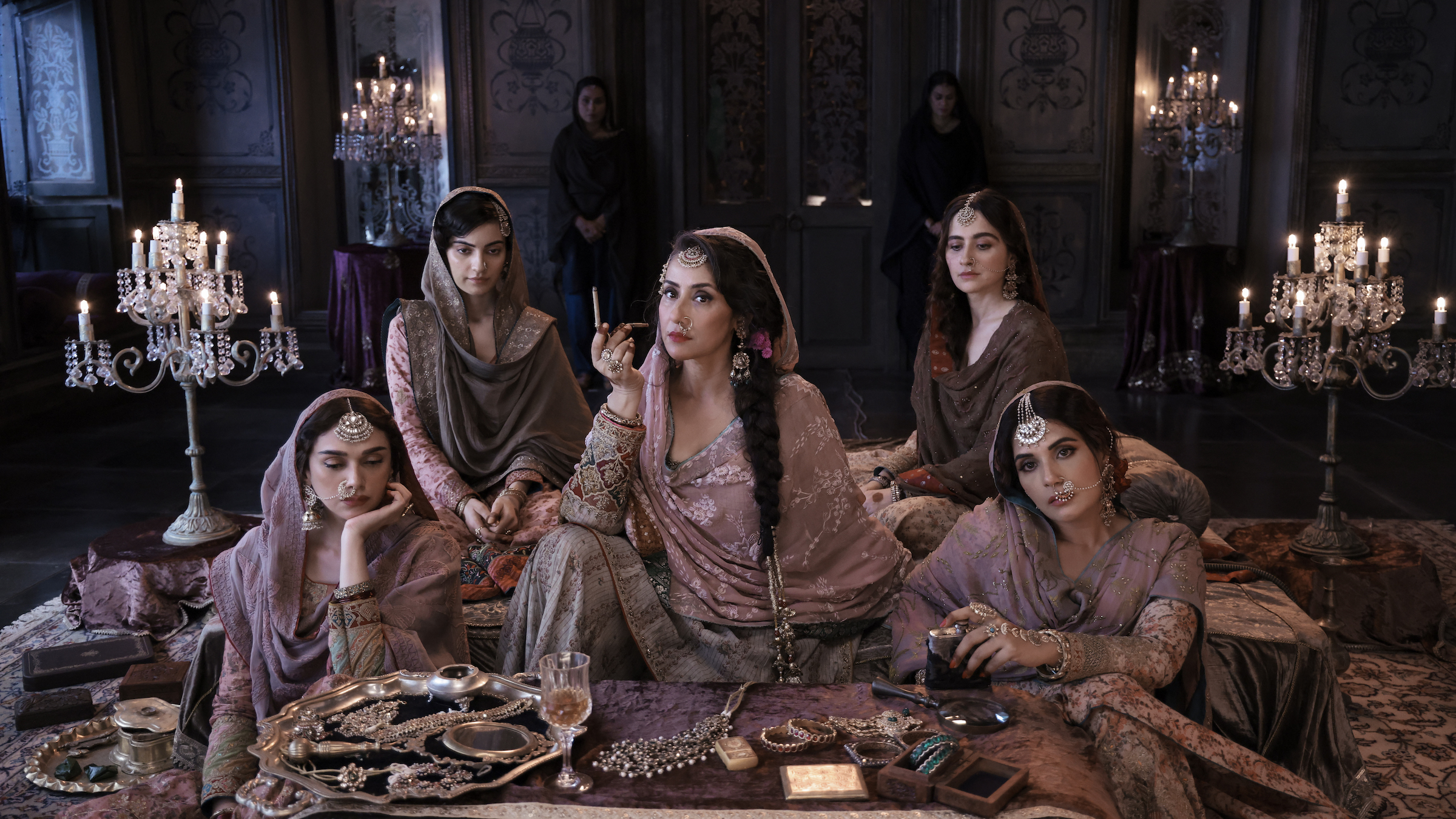 Heeramandi: The Diamond Bazaar. (L to R) Aditi Rao Hydari as Bibbo, Manisha Koirala as Mallikajaan, Sanjeeda Sheikh as Waheeda, Richa Chadha as Lajjo in Heeramandi: The Diamond Bazaar. Cr. Courtesy of Netflix © 2024