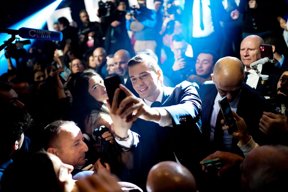 Jordan Bardella during his speech on stage at the Grand Meeting at the Palais des Congres in Perpignan, France, on May 1, 2024.