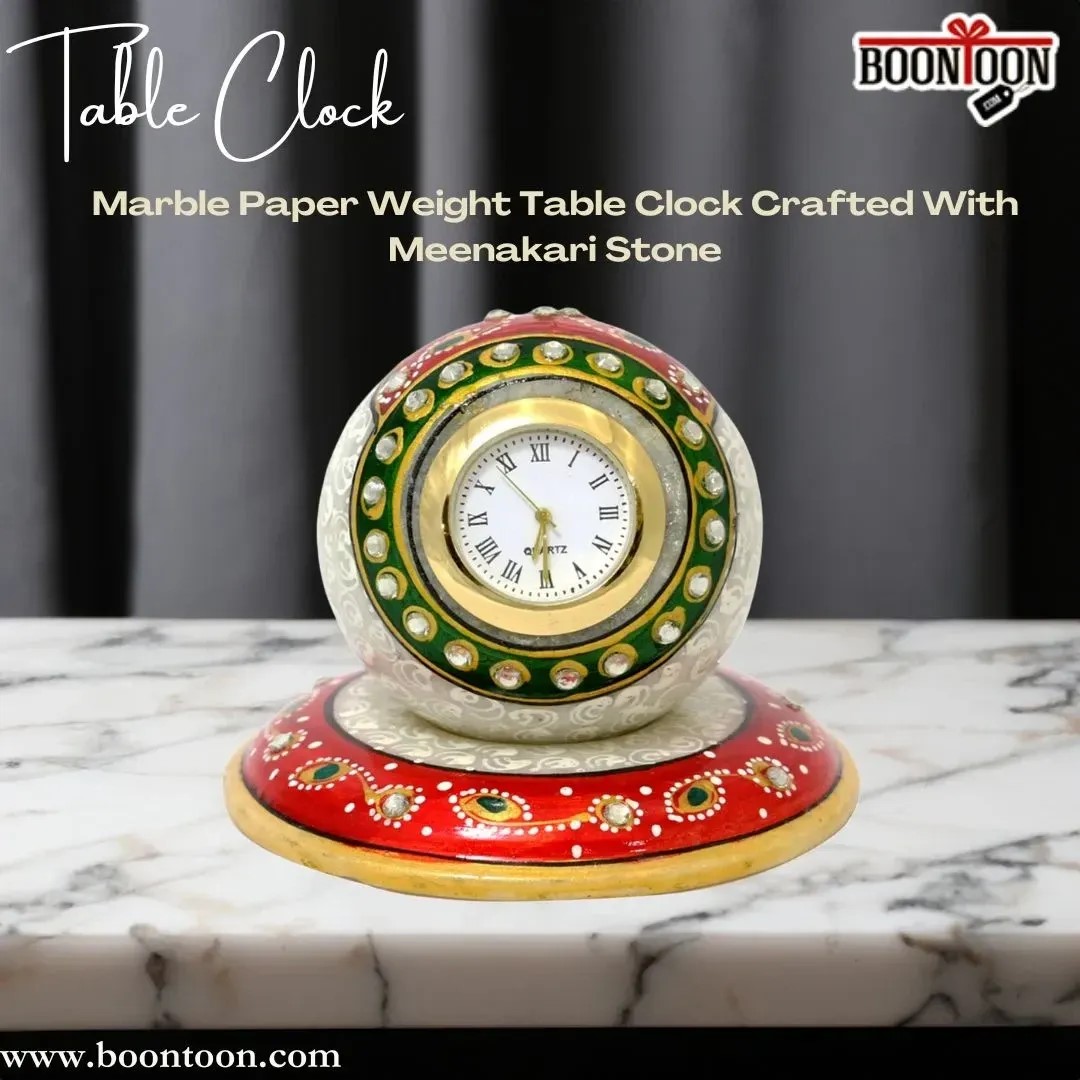 Marble paper weight Table Clock crafted with Meenakari Stone Marble paper weight Table Clock crafted with Meenakari Stone