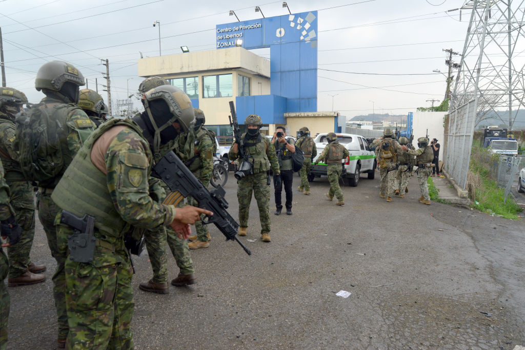 Military stand guard at Litoral Penitentiary after the disappearance of José Adolfo Macías alias Fito on Jan. 7, 2024 in Guayaquil, Ecuador.