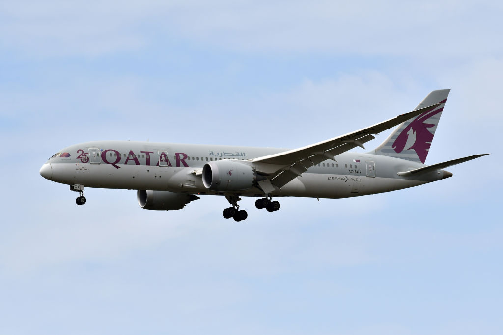 A Boeing 787 Dreamliner A7-BCY Qatar Airways during landing, at Leonardo da Vinci airport in Fiumicino, Italy, on April 18, 2023