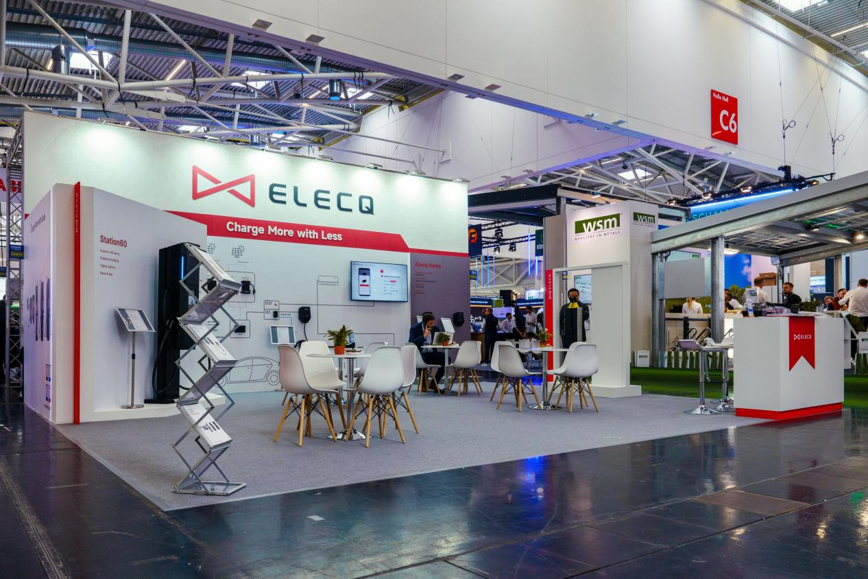 ELECQ exhibition booth at Power2Drive Europe 2025, featuring DC fast chargers, commercial EV solutions, and home energy management systems, located at